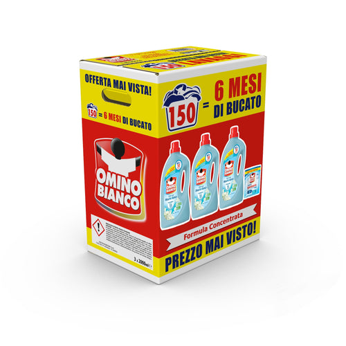 Omino Bianco - Detersivo Lavatrice Liquido, 150 Lavaggi, Rispetta Colori e Tessuti, Fresco Profumo con Essenza Cuore di Marsiglia, 2000 ml x 3 + Campione di Additivo Lavatrice Igienizzante Idrocaps