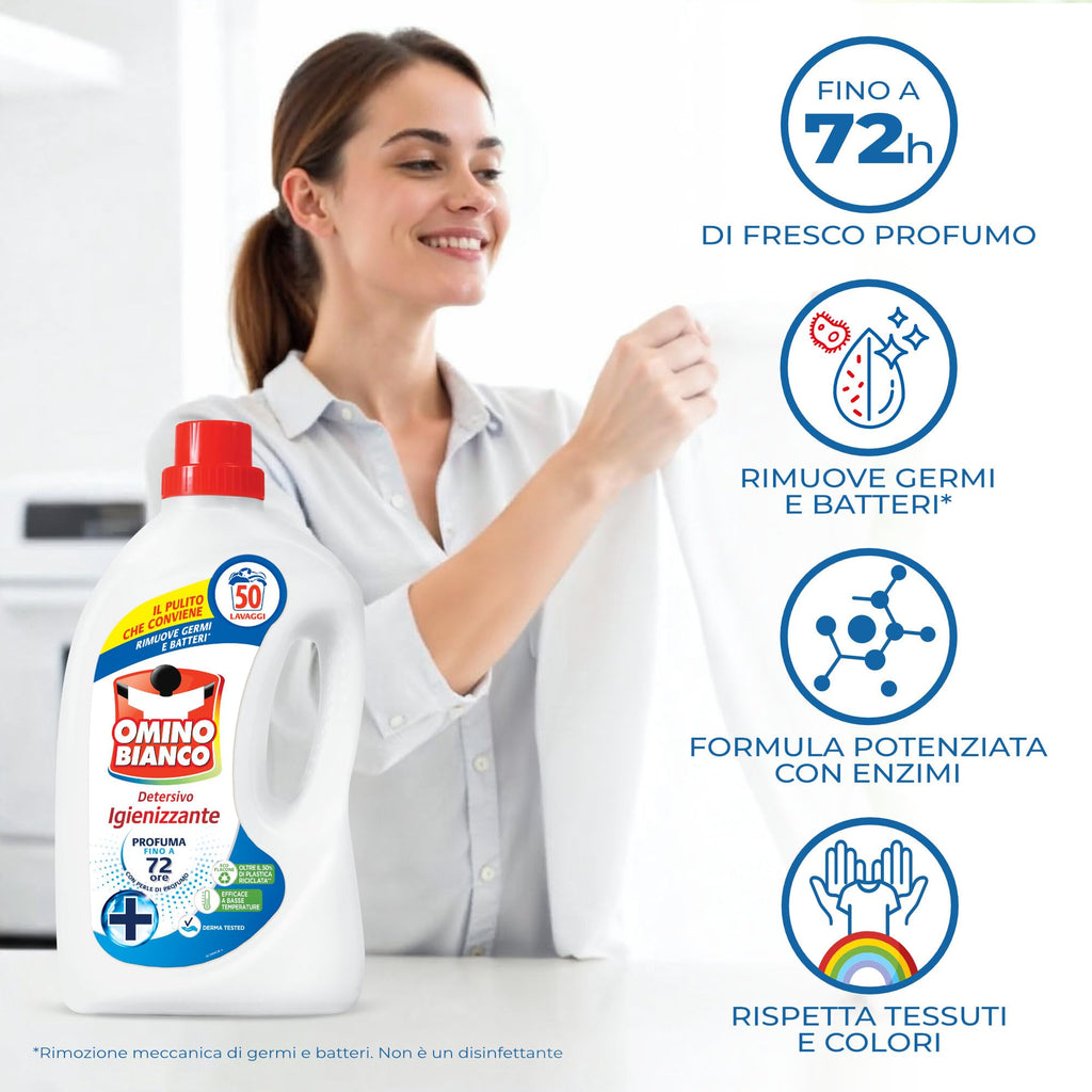 Omino Bianco - Detersivo Lavatrice Liquido, 150 Lavaggi, Rispetta Colori e Tessuti, Fresco Profumo con Essenza Cuore di Marsiglia, 2000 ml x 3 + Campione di Additivo Lavatrice Igienizzante Idrocaps