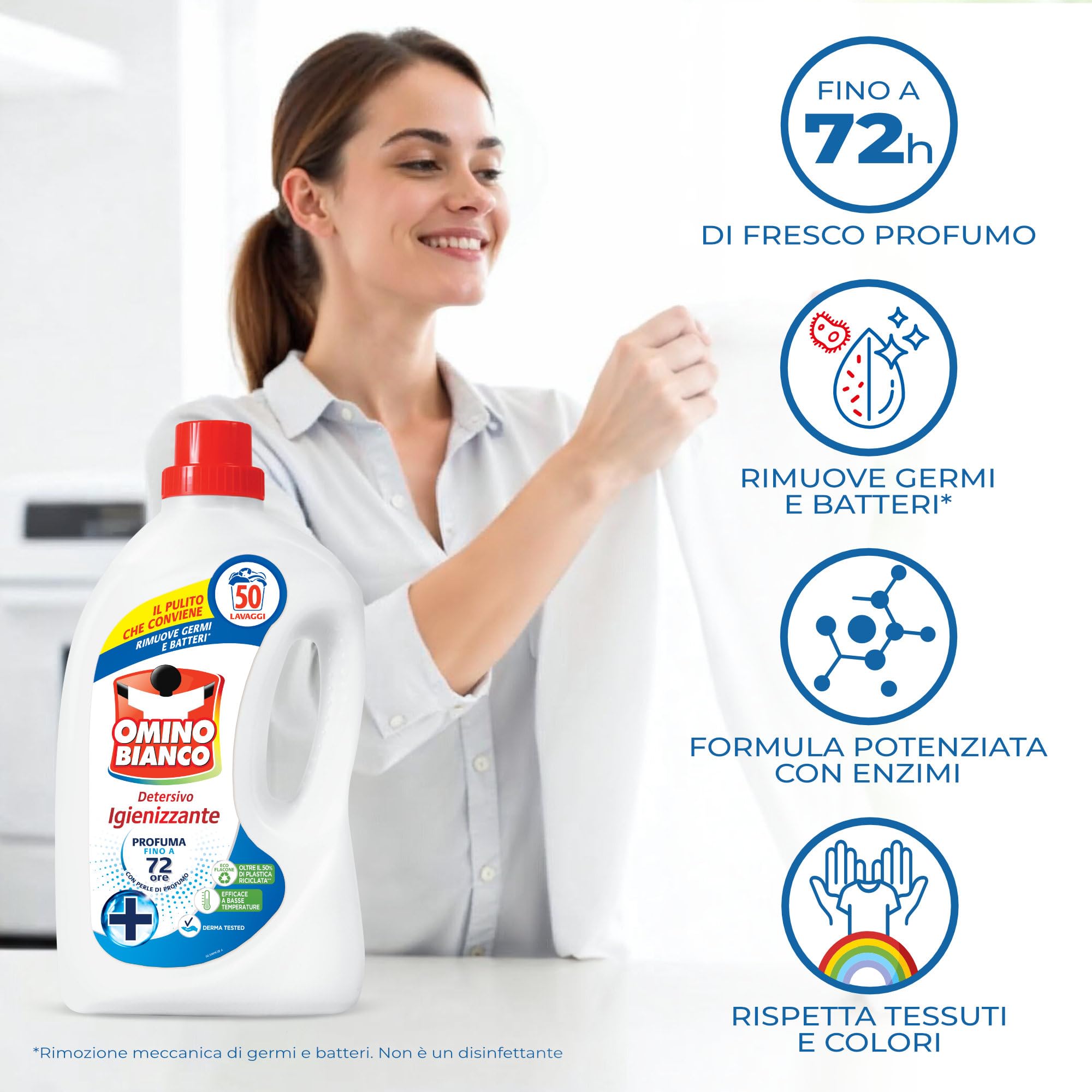 Omino Bianco - Detersivo Lavatrice Liquido, 150 Lavaggi, Rispetta Colori e Tessuti, Fresco Profumo con Essenza Cuore di Marsiglia, 2000 ml x 3 + Campione di Additivo Lavatrice Igienizzante Idrocaps