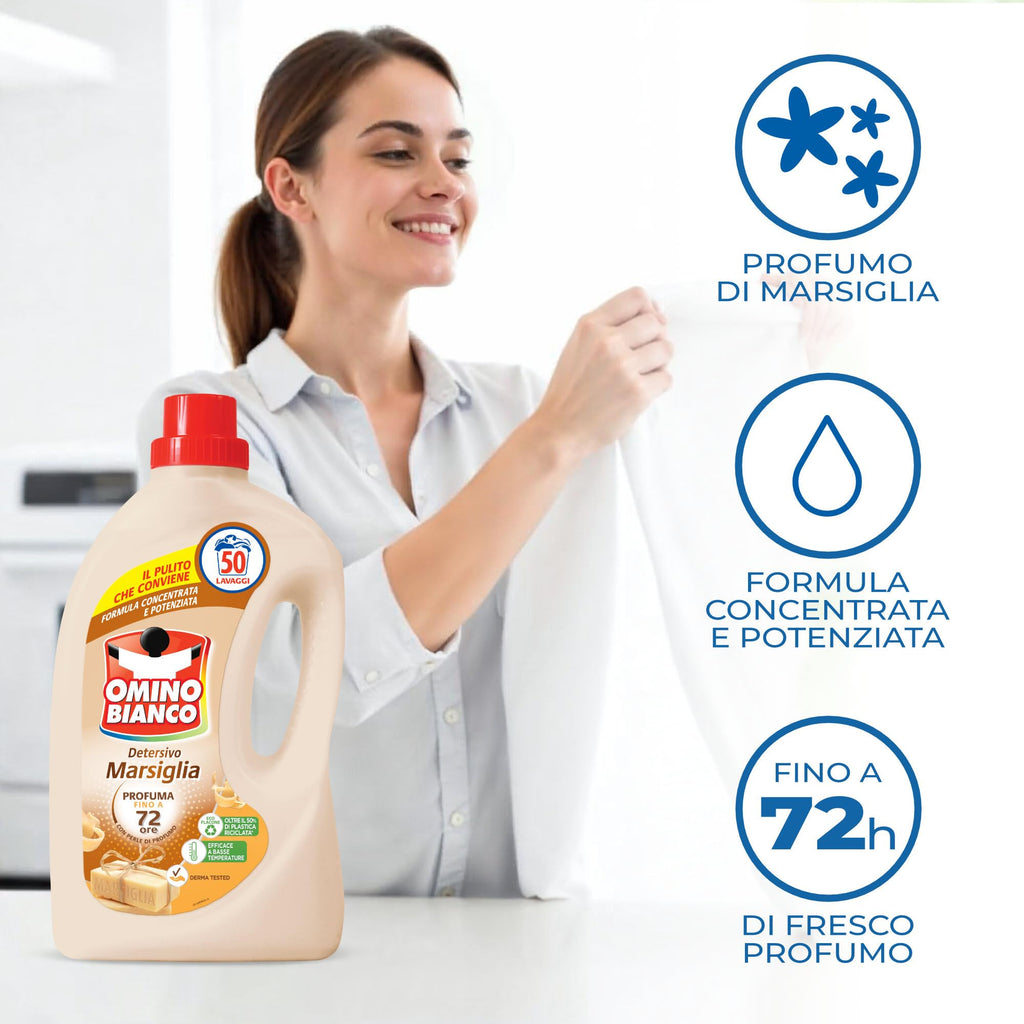 Omino Bianco - Detersivo Lavatrice Liquido, 150 Lavaggi, Rispetta Colori e Tessuti, Fresco Profumo con Essenza Cuore di Marsiglia, 2000 ml x 3 + Campione di Additivo Lavatrice Igienizzante Idrocaps