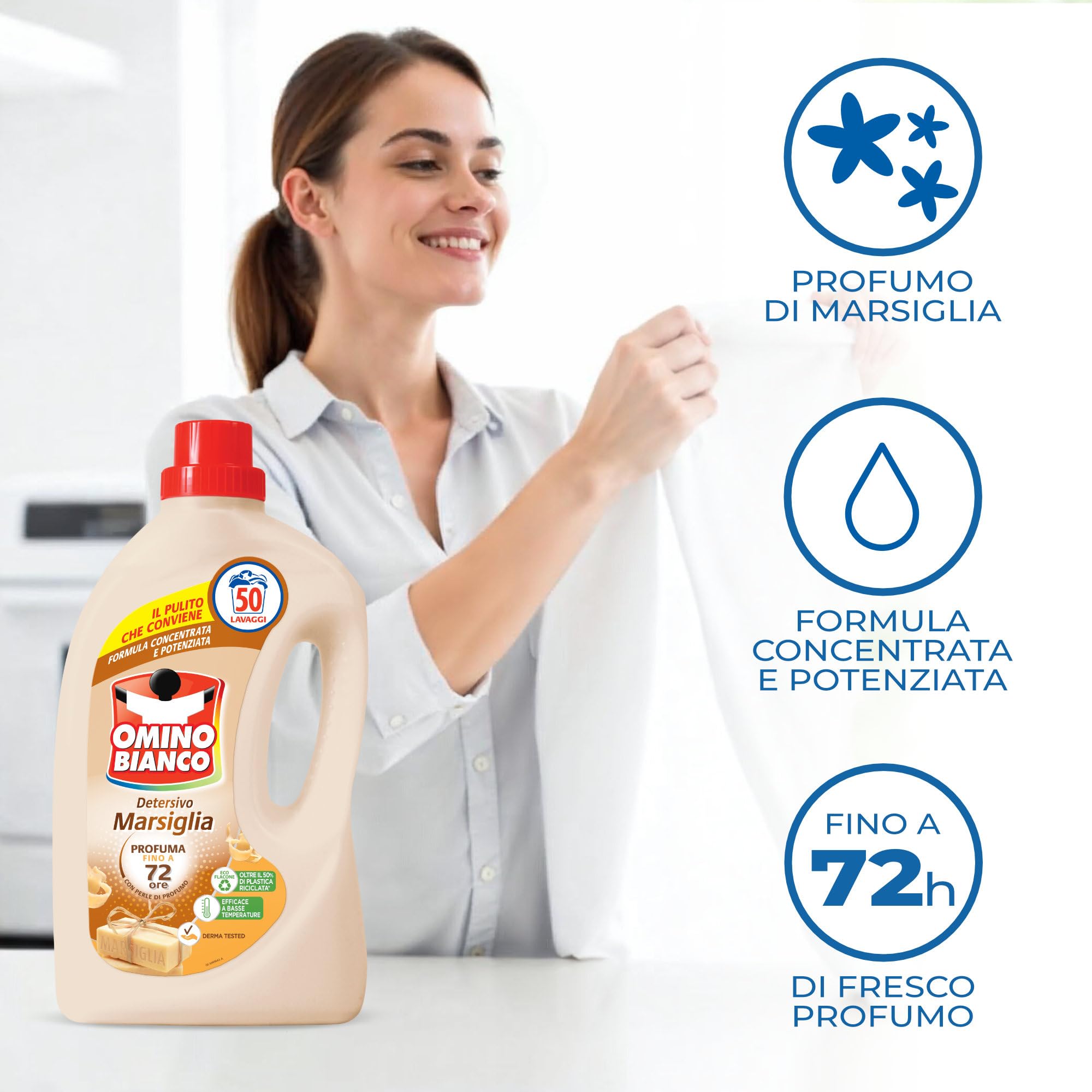 Omino Bianco - Detersivo Lavatrice Liquido, 150 Lavaggi, Rispetta Colori e Tessuti, Fresco Profumo con Essenza Cuore di Marsiglia, 2000 ml x 3 + Campione di Additivo Lavatrice Igienizzante Idrocaps