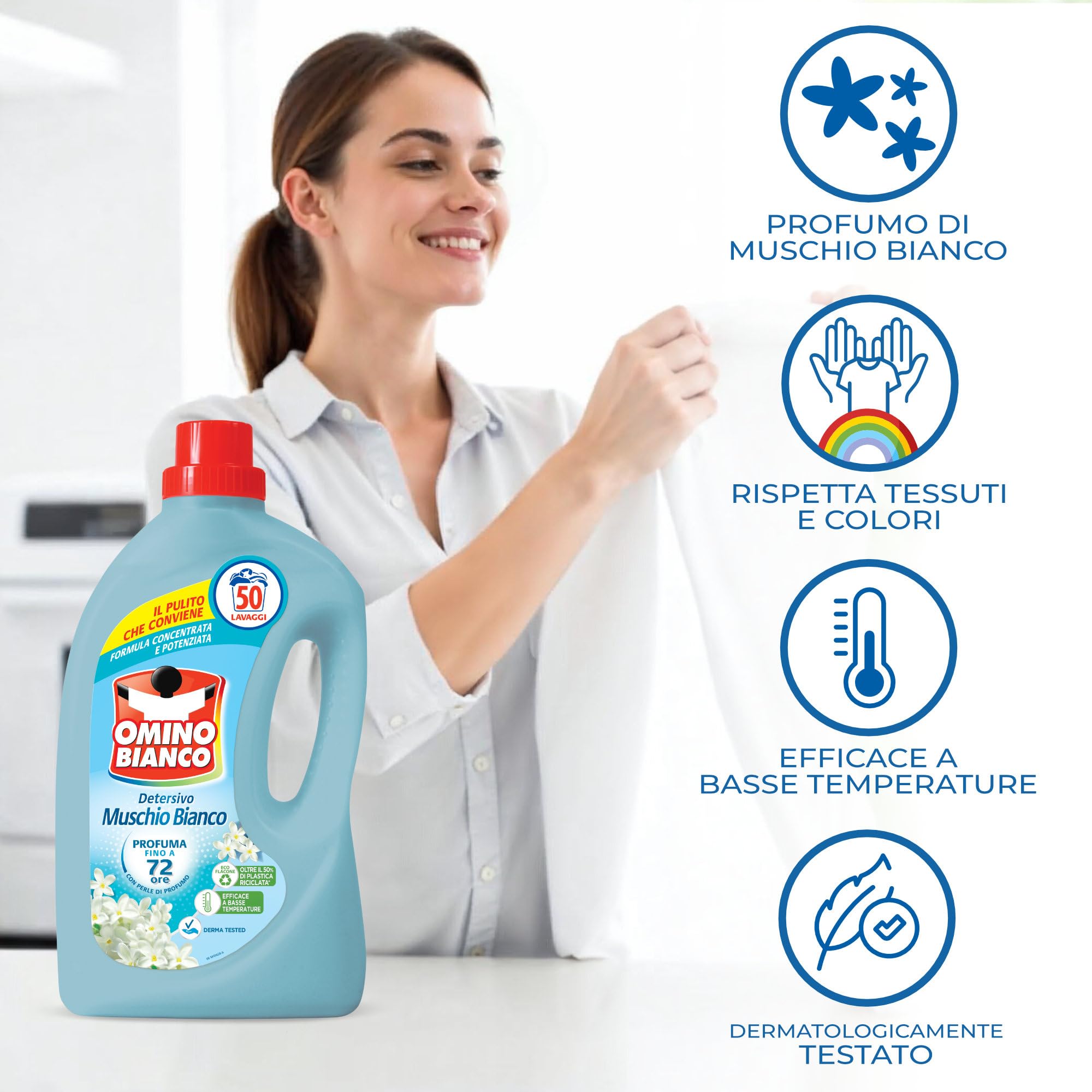 Omino Bianco - Detersivo Lavatrice Liquido, 150 Lavaggi, Rispetta Colori e Tessuti, Fresco Profumo con Essenza Cuore di Marsiglia, 2000 ml x 3 + Campione di Additivo Lavatrice Igienizzante Idrocaps